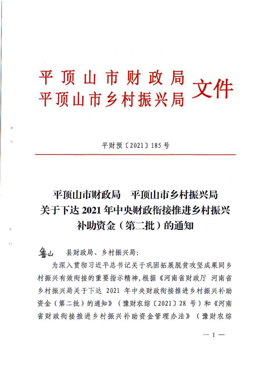 平财预〔2021〕185号 平顶山市财政局 平顶山市乡村振兴局关于下达2021年中央财政衔接推进乡村振兴补助资金（第二批）的通知——鲁山县_00.jpg